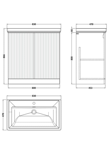 [BFLF3105A] Callingwood Contemporary Floor Standing 2 Door Vanity Unit with Traditional 1 Tap Hole Fireclay Basin, Choice of Size and Colour - Line Drawing