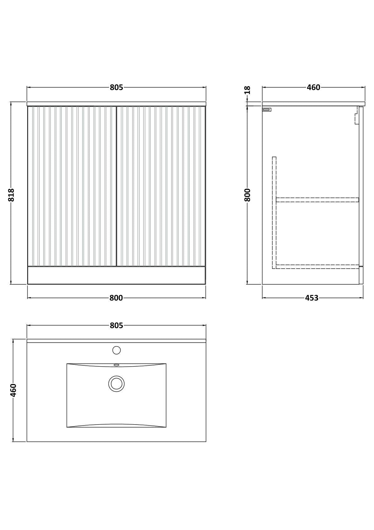 [BFLF3105C] Callingwood Contemporary Floor Standing 2 Door Vanity Unit with Minimalist Ceramic Basin, Choice of Size and Colour - Line Drawing