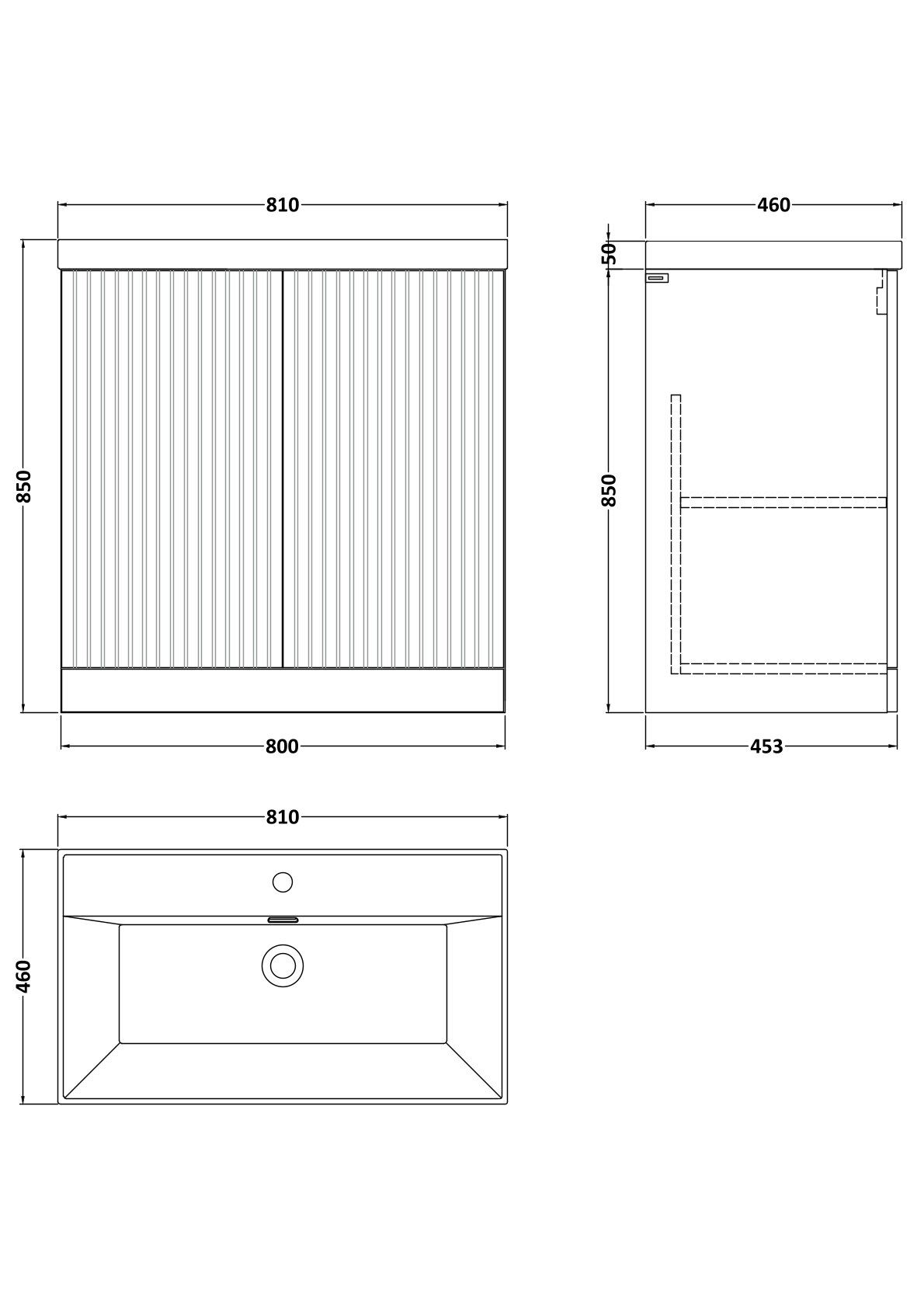[BFLF3105E] Callingwood Contemporary Floor Standing 2 Door Vanity Unit with Thin-Edge Ceramic Basin, Choice of Size and Colour - Line Drawing