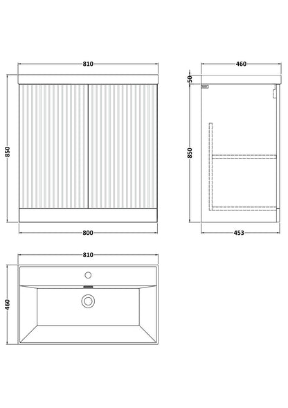 [BFLF3105E] Callingwood Contemporary Floor Standing 2 Door Vanity Unit with Thin-Edge Ceramic Basin, Choice of Size and Colour - Line Drawing