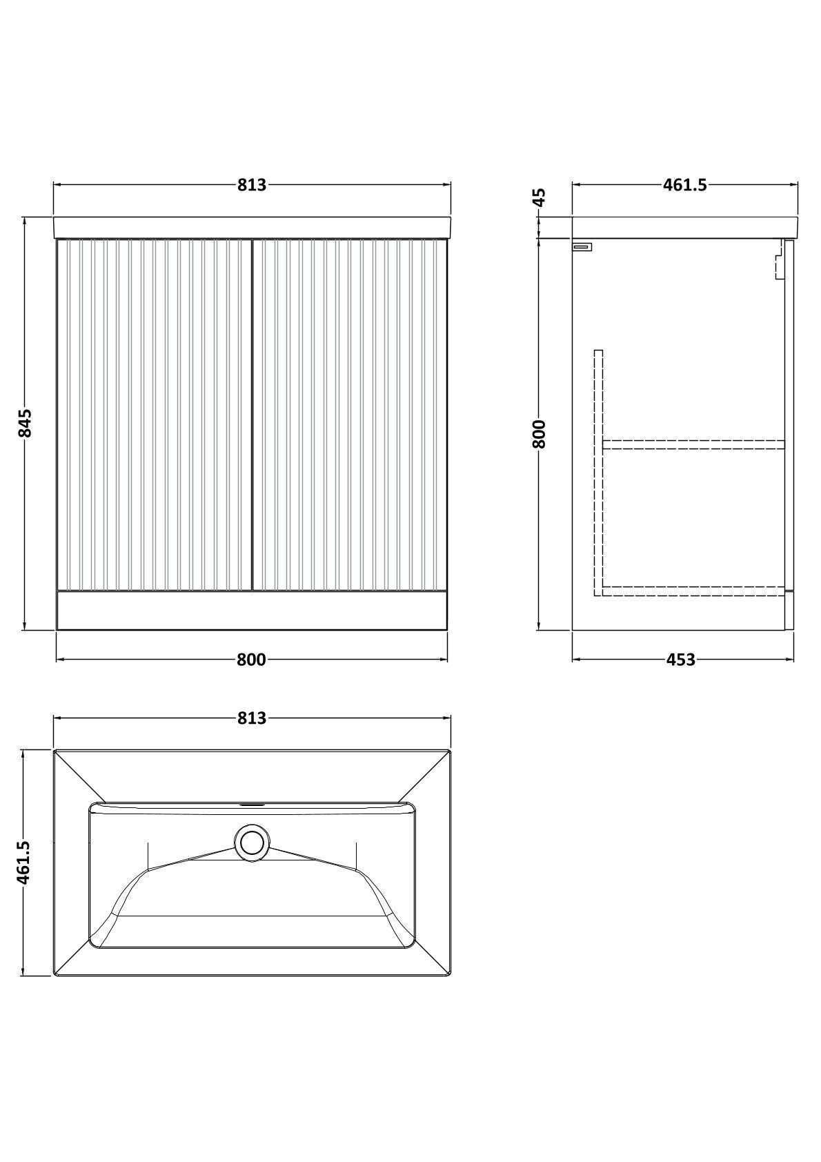 [BFLF3105K] Callingwood Contemporary Floor Standing 2 Door Vanity Unit with 0 Tap Hole Fireclay Basin, Choice of Size and Colour - Line Drawing