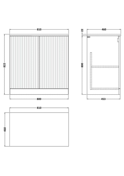 [BFLF3105LWN] Callingwood Contemporary Floor Standing 2 Door Vanity Unit with White Nebula Laminate Worktop, Choice of Size and Colour - Line Drawing