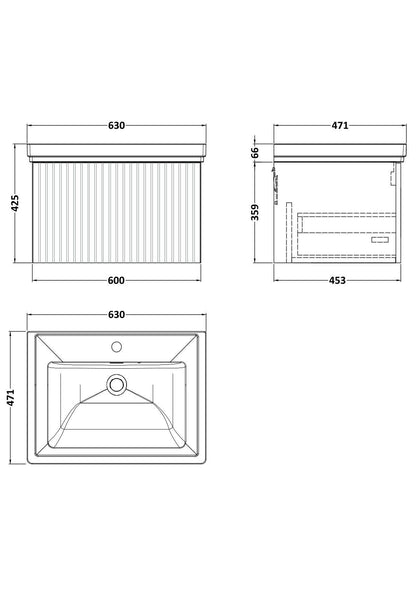 [BFLF3122A] Callingwood Contemporary Wall Hung 1 Drawer Vanity Unit with Traditional 1 Tap Hole Fireclay Basin, Choice of Size and Colour - Line Drawing