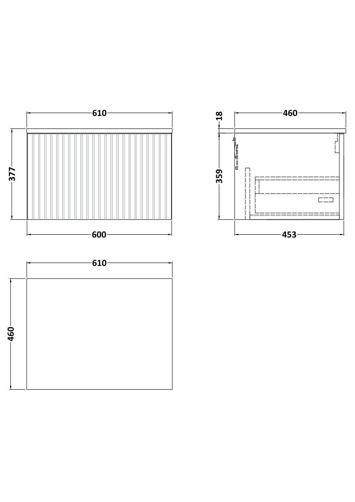 [BFLF3122GMT] Callingwood Contemporary Wall Hung 1 Drawer Vanity Unit with Grey Marble Worktop, Choice of Size and Colour - Line Drawing