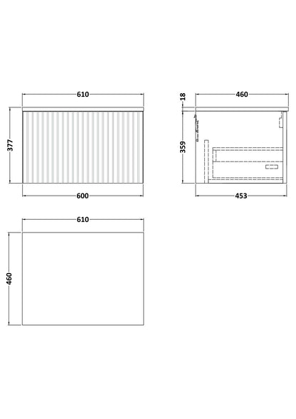 [BFLF3122GMT] Callingwood Contemporary Wall Hung 1 Drawer Vanity Unit with Grey Marble Worktop, Choice of Size and Colour - Line Drawing