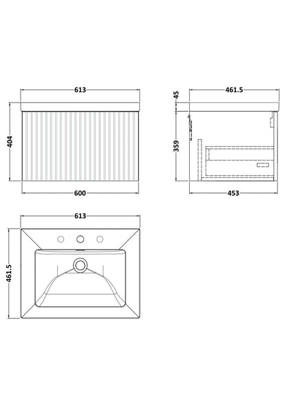 [BFLF3122M] Callingwood Contemporary Wall Hung 1 Drawer Vanity Unit with 3 Tap Hole Fireclay Basin, Choice of Size and Colour - Line Drawing