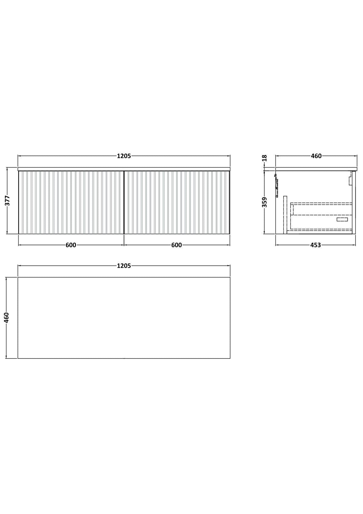 [BFLF3122W2] Callingwood Contemporary Wall Hung 2 Drawer 1200mm Vanity Unit with Laminate Worktop, Choice of Colour - Line Drawing