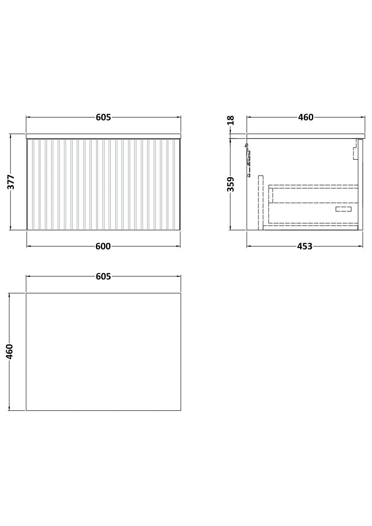 [BFLF3122W] Callingwood Contemporary Wall Hung 1 Drawer Vanity Unit with Laminate Worktop, Choice of Size and Colour - Line Drawing
