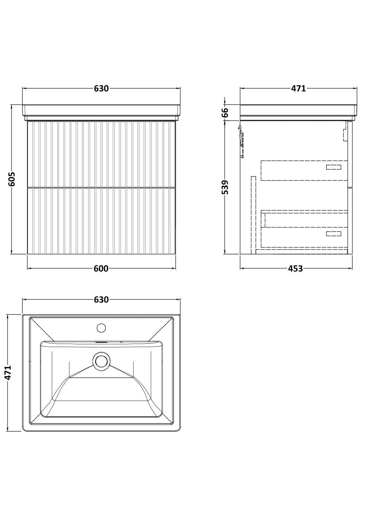 [BFLF3124A] Callingwood Contemporary Wall Hung 2 Drawer Vanity Unit with Traditional 1 Tap Hole Fireclay Basin, Choice of Size and Colour - Line Drawing