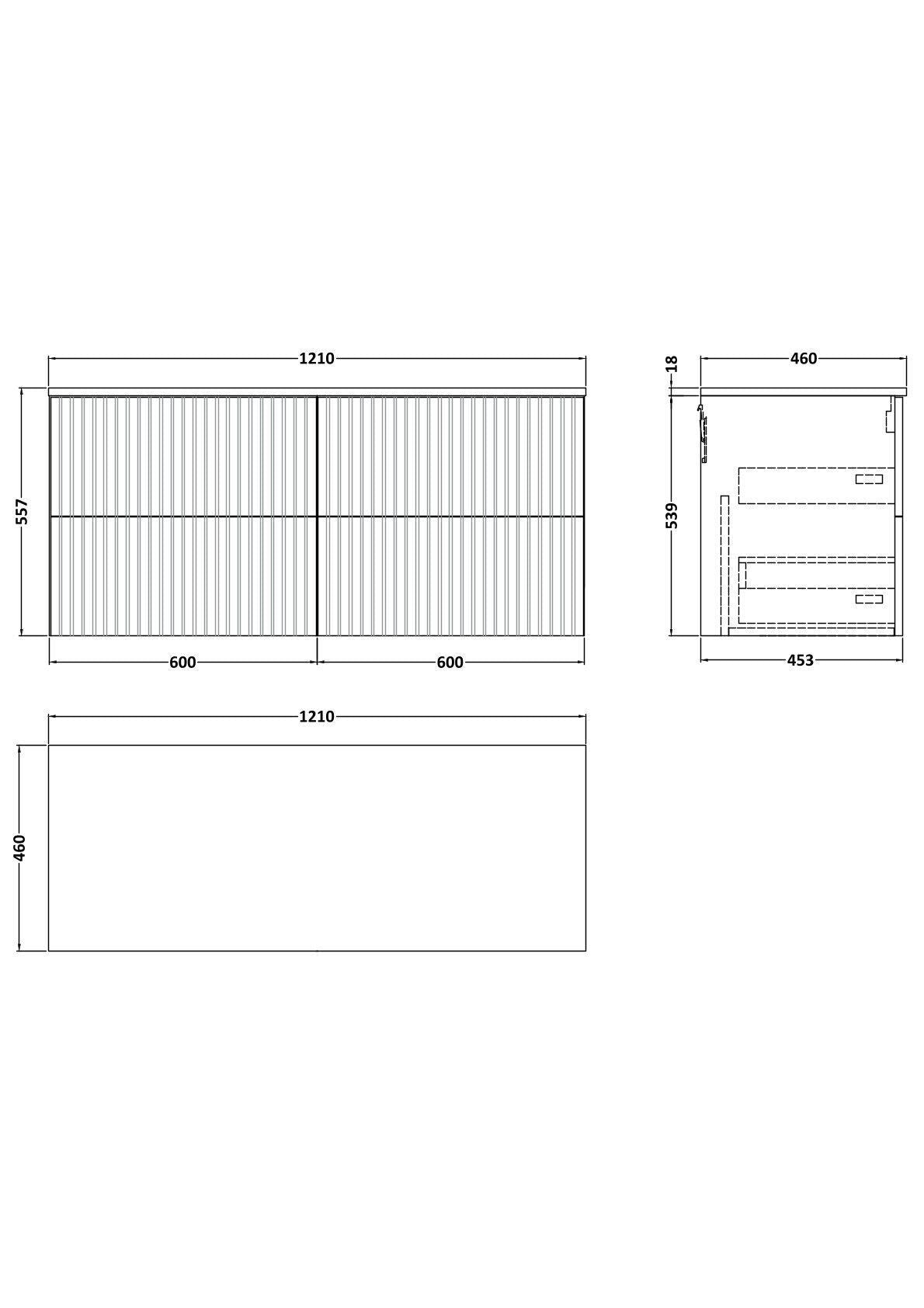 [BFLF3124GMT2] Callingwood Contemporary Wall Hung 4 Drawer 1200mm Vanity Unit with Grey Marble Worktop, Choice of Colour - Line Drawing