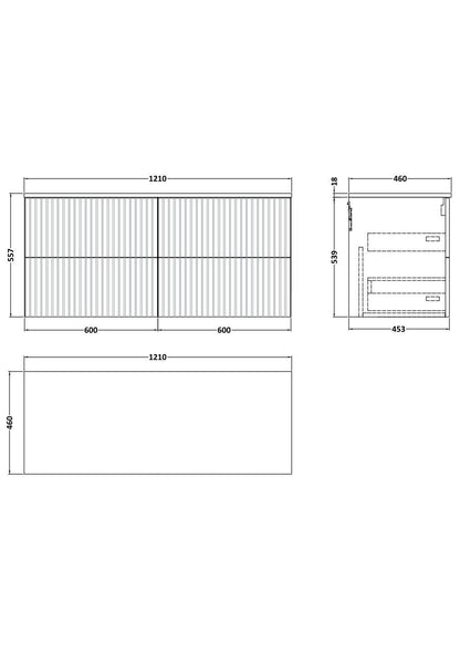 [BFLF3124GMT2] Callingwood Contemporary Wall Hung 4 Drawer 1200mm Vanity Unit with Grey Marble Worktop, Choice of Colour - Line Drawing
