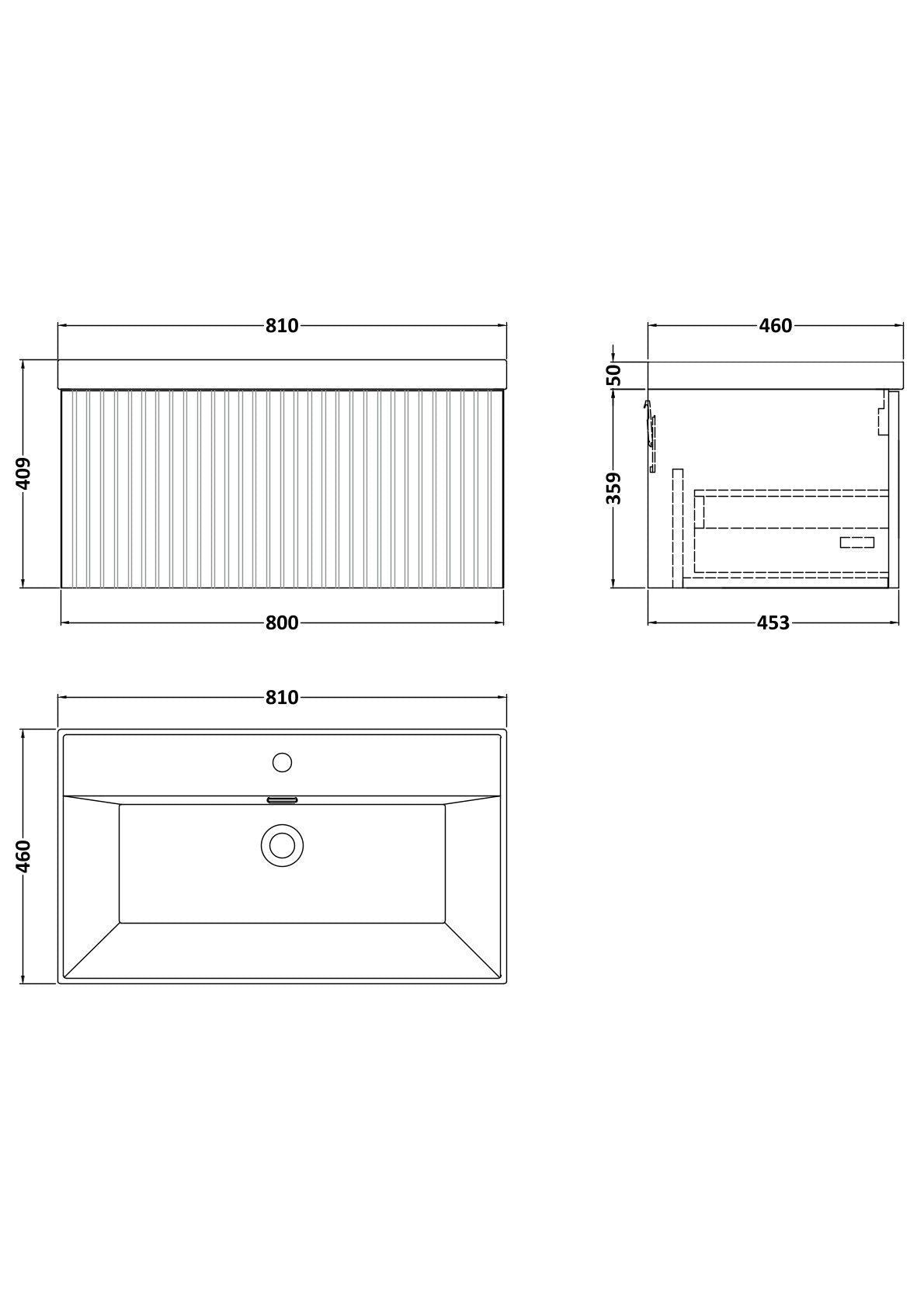 [BFLF3125E] Callingwood Contemporary Wall Hung 1 Drawer Vanity Unit with Thin-Edge Ceramic Basin, Choice of Size and Colour - Line Drawing