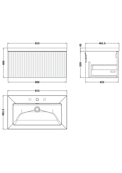 [BFLF3125M] Callingwood Contemporary Wall Hung 1 Drawer Vanity Unit with 3 Tap Hole Fireclay Basin, Choice of Size and Colour - Line Drawing