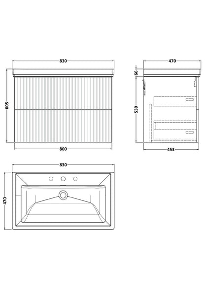 [BFLF3126B] Callingwood Contemporary Wall Hung 2 Drawer Vanity Unit with Traditional 3 Tap Hole Fireclay Basin, Choice of Size and Colour - Line Drawing
