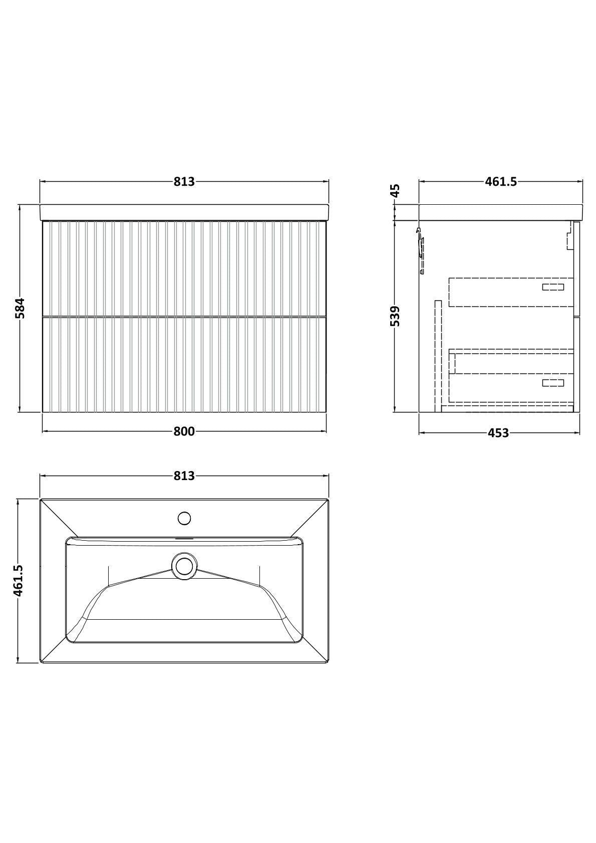 [BFLF3126L] Callingwood Contemporary Wall Hung 2 Drawer Vanity Unit with 1 Tap Hole Fireclay Basin, Choice of Size and Colour - Line Drawing