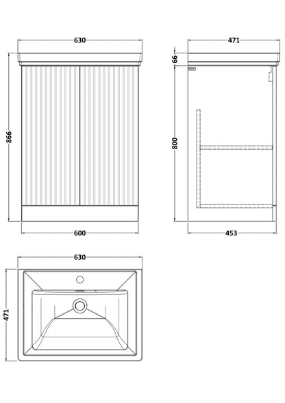 [BFLF3203A] Callingwood Contemporary Floor Standing 2 Door Vanity Unit with Traditional 1 Tap Hole Fireclay Basin, Choice of Size and Colour - Line Drawing