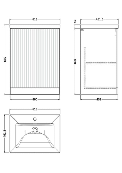 [BFLF3203L] Callingwood Contemporary Floor Standing 2 Door Vanity Unit with 1 Tap Hole Fireclay Basin, Choice of Size and Colour - Line Drawing