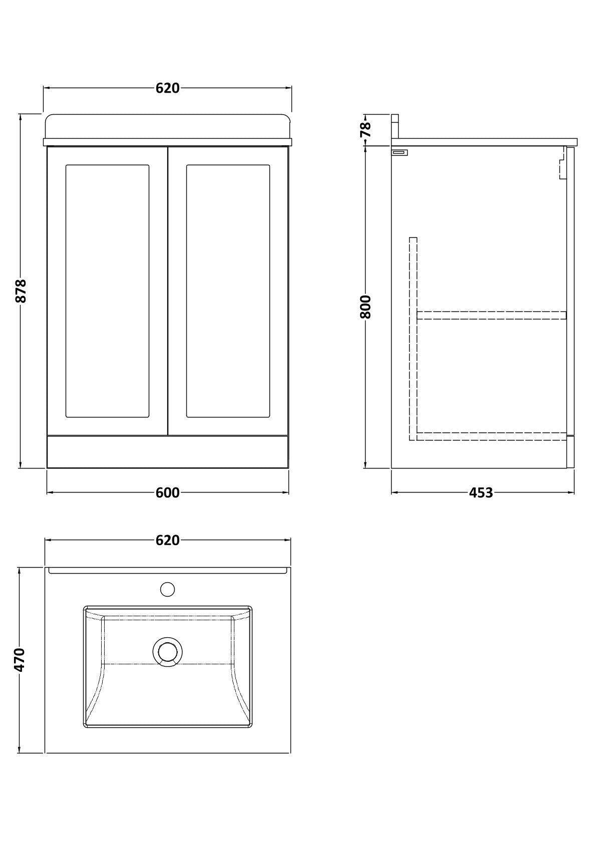 [BFLF3203WS1] Callingwood Contemporary Floor Standing 2 Door Vanity Unit with Marble Worktop and Basin, Choice of Size and Colour - Line Drawing