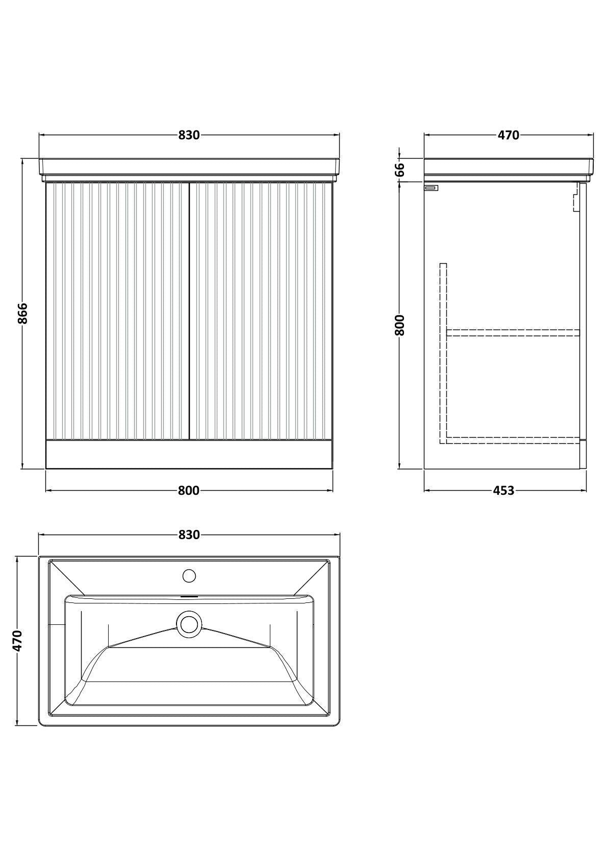 [BFLF3205A] Callingwood Contemporary Floor Standing 2 Door Vanity Unit with Traditional 1 Tap Hole Fireclay Basin, Choice of Size and Colour - Line Drawing