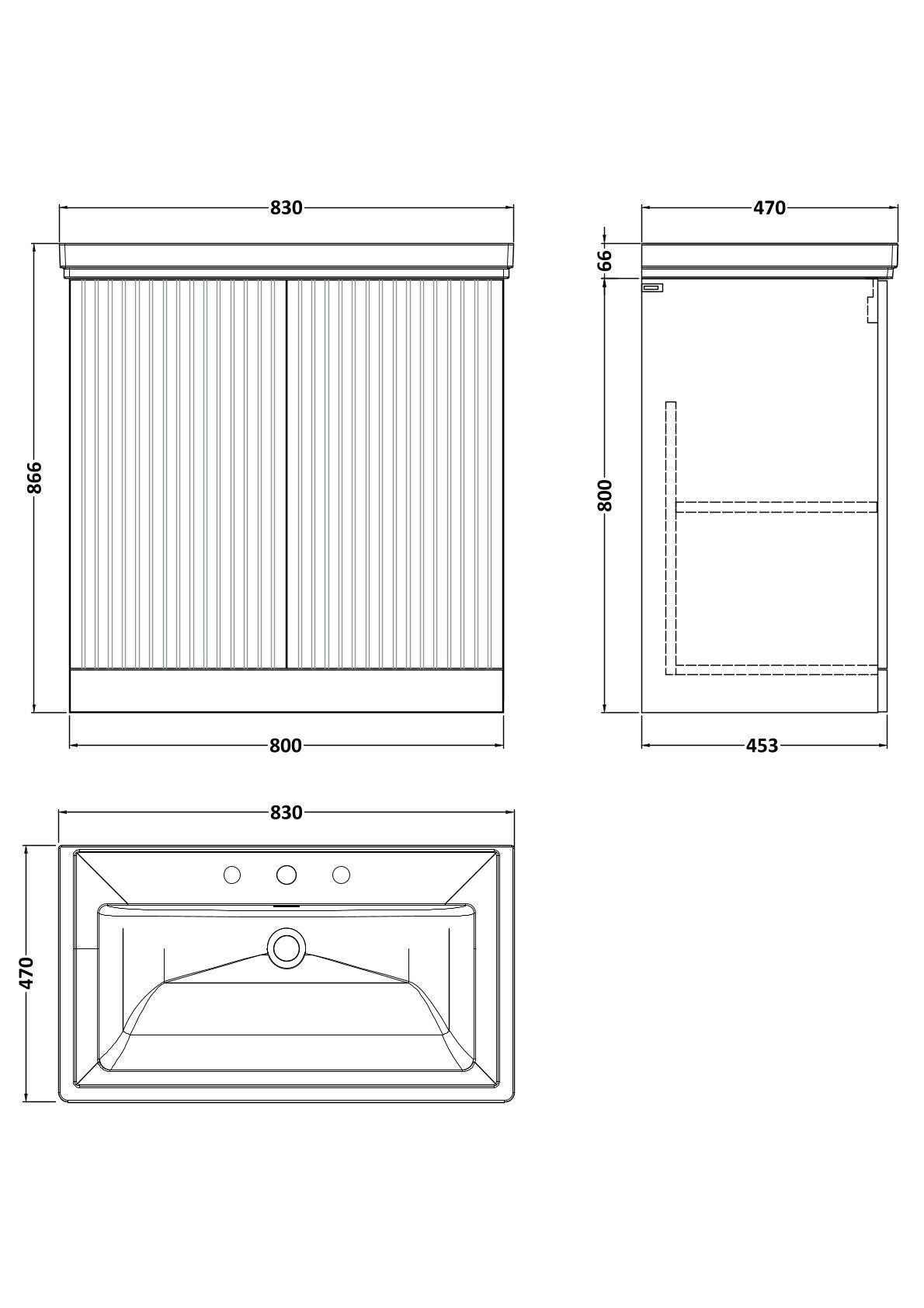 [BFLF3205B] Callingwood Contemporary Floor Standing 2 Door Vanity Unit with Traditional 3 Tap Hole Fireclay Basin, Choice of Size and Colour - Line Drawing