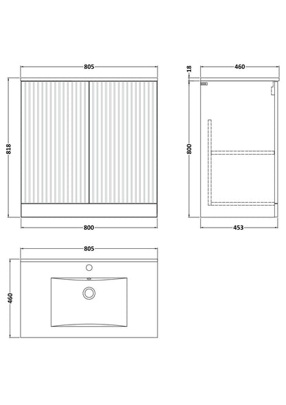[BFLF3205C] Callingwood Contemporary Floor Standing 2 Door Vanity Unit with Minimalist Ceramic Basin, Choice of Size and Colour - Line Drawing