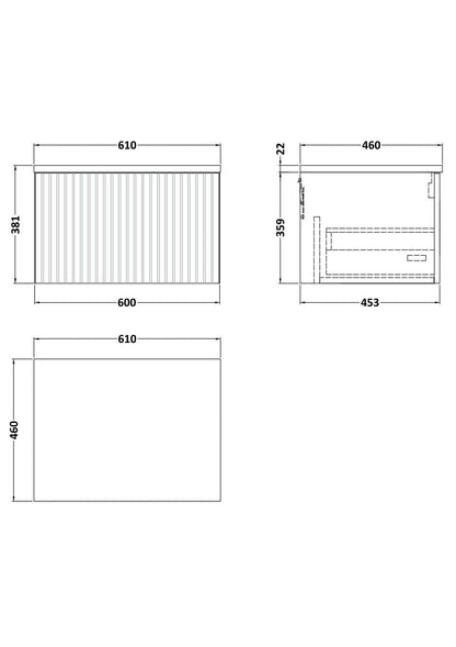 [BFLF3222LCM] Callingwood Contemporary Wall Hung 1 Drawer Vanity Unit with Carrera Marble Laminate Worktop, Choice of Size and Colour - Line Drawing