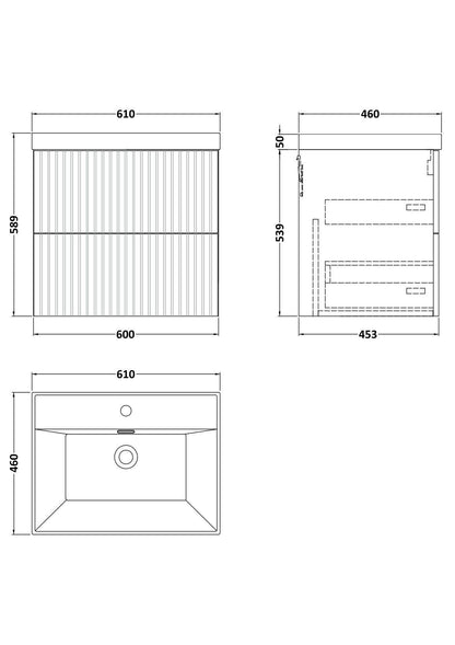[BFLF3224E] Callingwood Contemporary Wall Hung 2 Drawer Vanity Unit with Thin-Edge Ceramic Basin, Choice of Size and Colour - Line Drawing