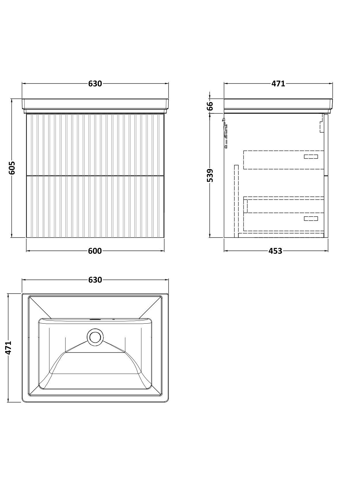 [BFLF3224H] Callingwood Contemporary Wall Hung 2 Drawer Vanity Unit with Traditional 0 Tap Hole Fireclay Basin, Choice of Size and Colour - Line Drawing