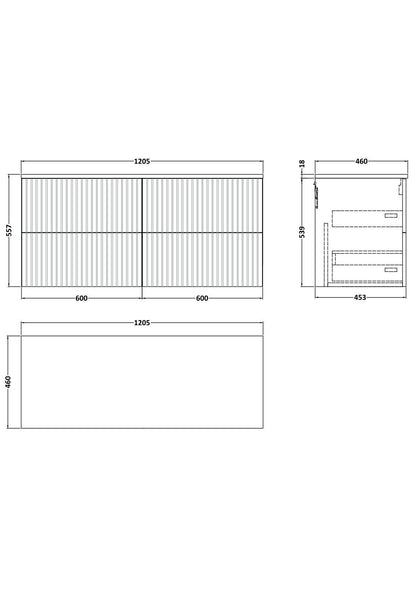 [BFLF3224W2] Callingwood Contemporary Wall Hung 4 Drawer 1200mm Vanity Unit with Laminate Worktop, Choice of Colour - Line Drawing