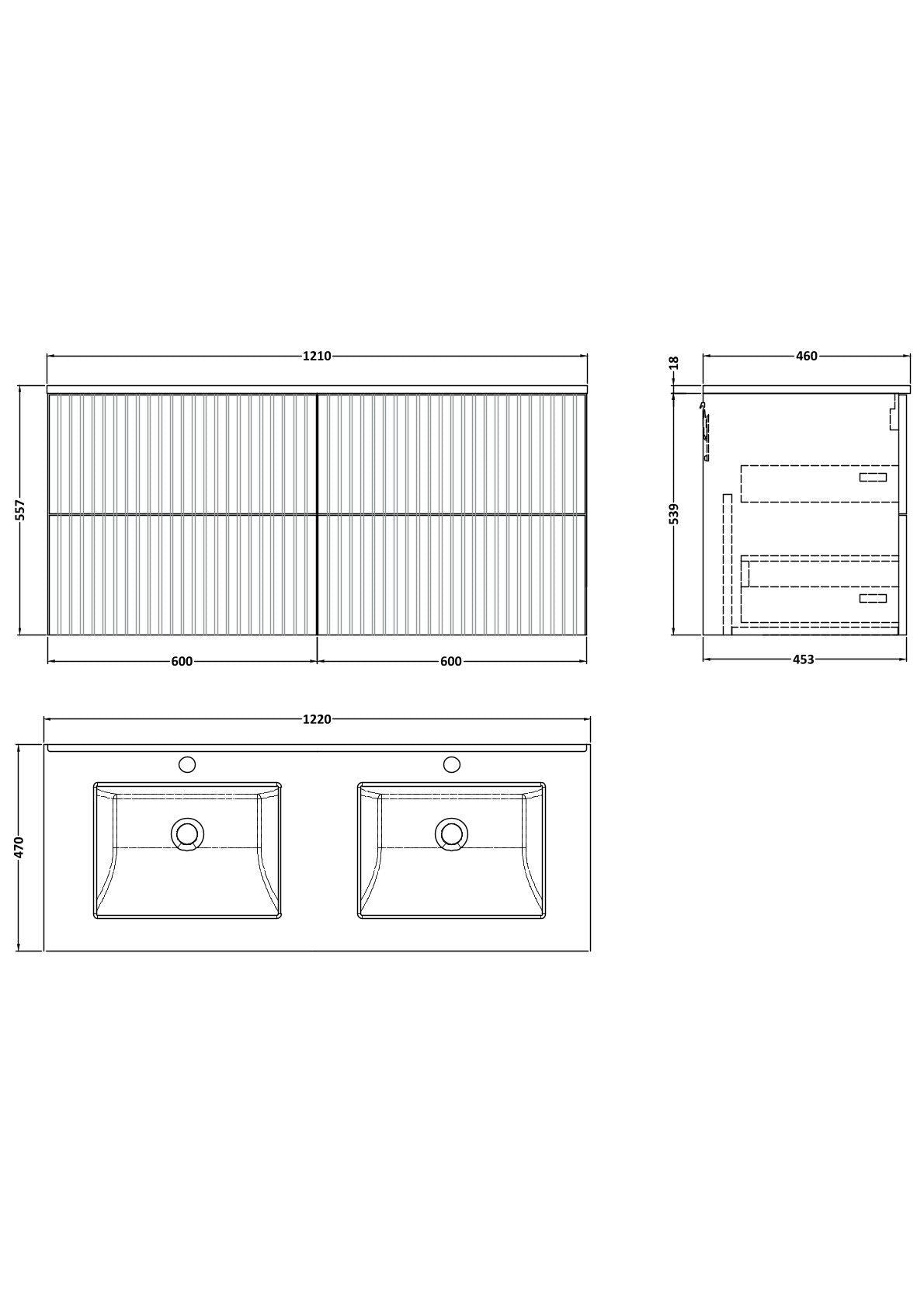 [BFLF3224WS2] Callingwood Contemporary Wall Hung 4 Drawer 1200mm Vanity Unit with Marble Worktop and Double Basin, Choice of Colour - Line Drawing