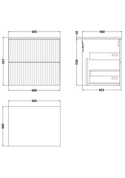 [BFLF3224W] Callingwood Contemporary Wall Hung 2 Drawer Vanity Unit with Laminate Worktop, Choice of Size and Colour - Line Drawing