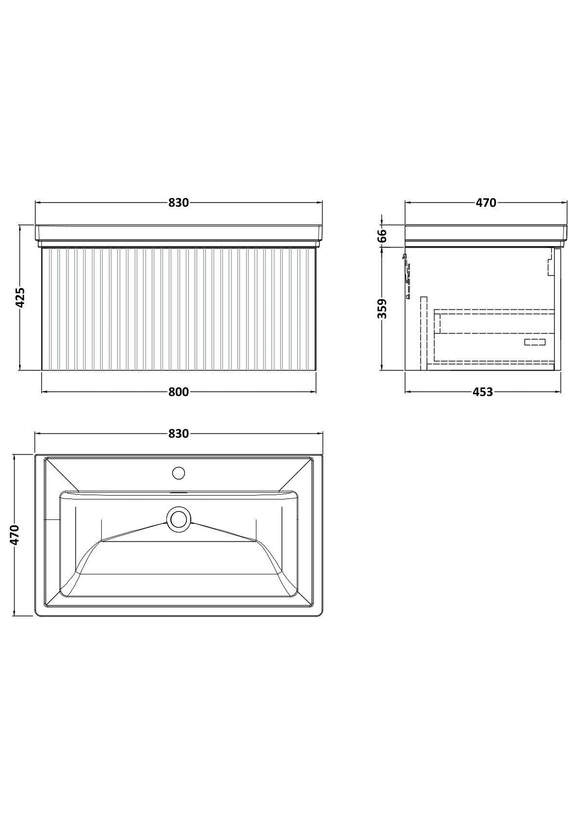 [BFLF3225A] Callingwood Contemporary Wall Hung 1 Drawer Vanity Unit with Traditional 1 Tap Hole Fireclay Basin, Choice of Size and Colour - Line Drawing