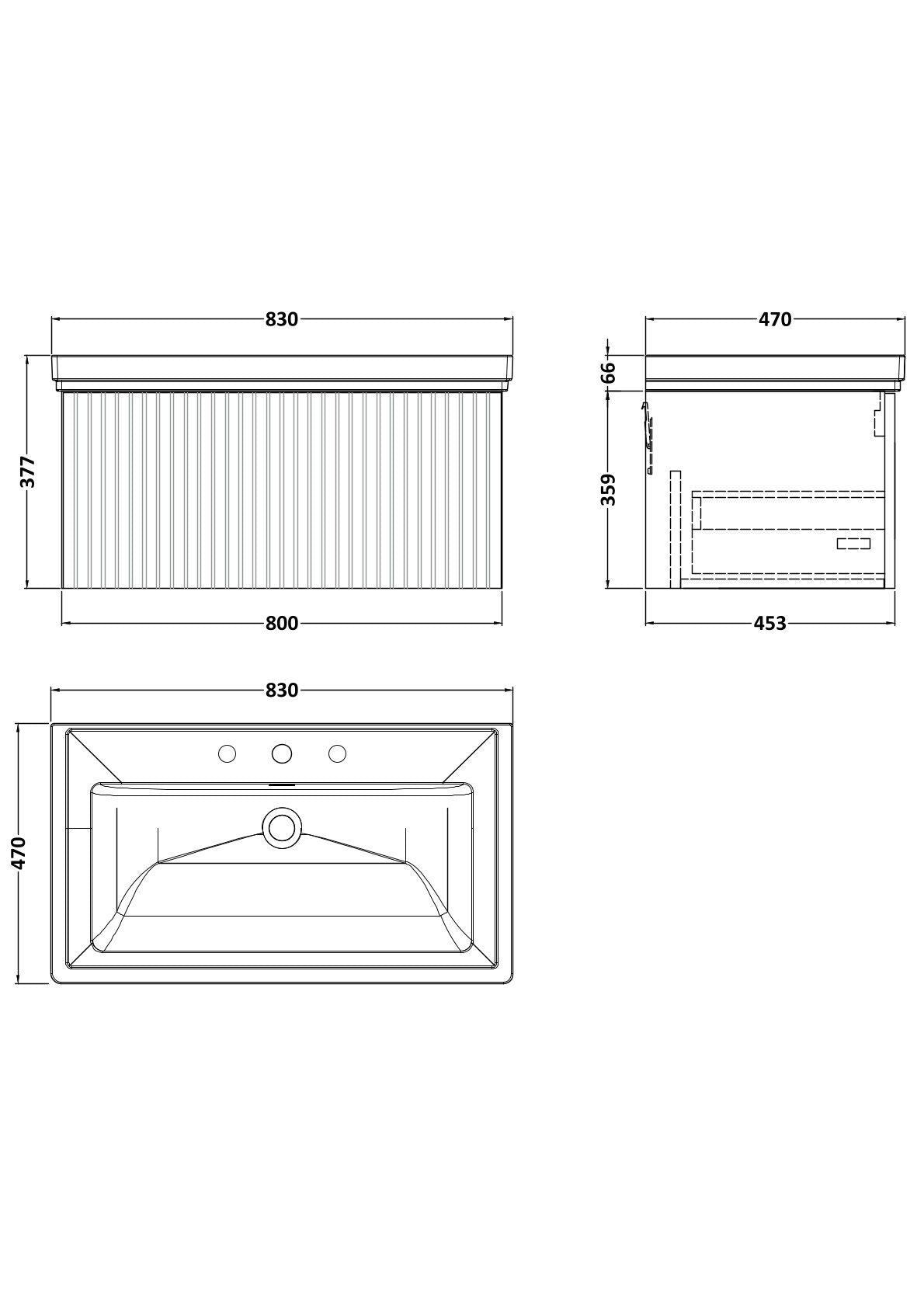[BFLF3225B] Callingwood Contemporary Wall Hung 1 Drawer Vanity Unit with Traditional 3 Tap Hole Fireclay Basin, Choice of Size and Colour - Line Drawing