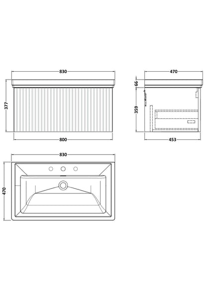 [BFLF3225B] Callingwood Contemporary Wall Hung 1 Drawer Vanity Unit with Traditional 3 Tap Hole Fireclay Basin, Choice of Size and Colour - Line Drawing