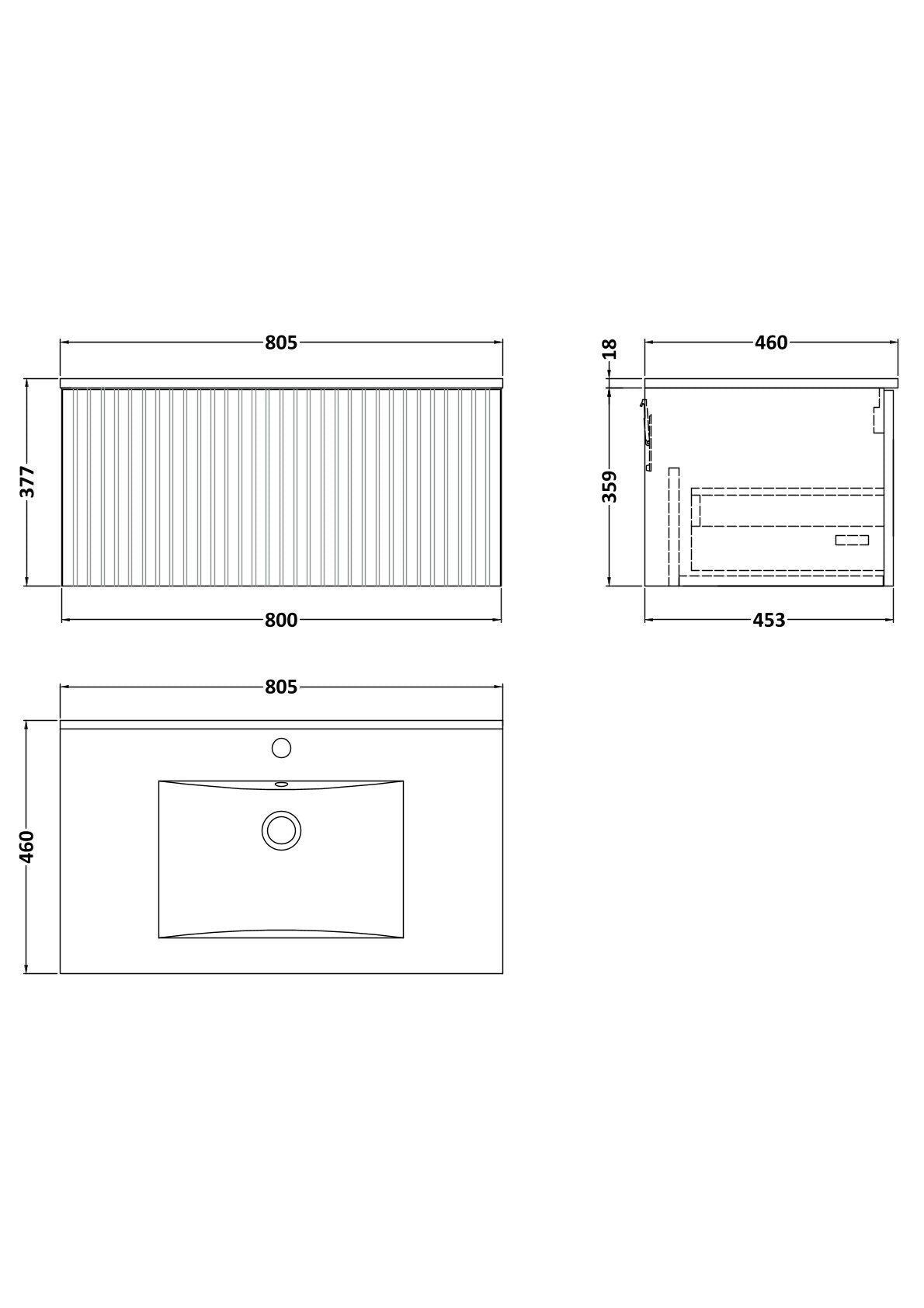 [BFLF3225C] Callingwood Contemporary Wall Hung 1 Drawer Vanity Unit with Minimalist Ceramic Basin, Choice of Size and Colour - Line Drawing