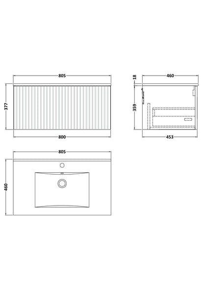[BFLF3225C] Callingwood Contemporary Wall Hung 1 Drawer Vanity Unit with Minimalist Ceramic Basin, Choice of Size and Colour - Line Drawing
