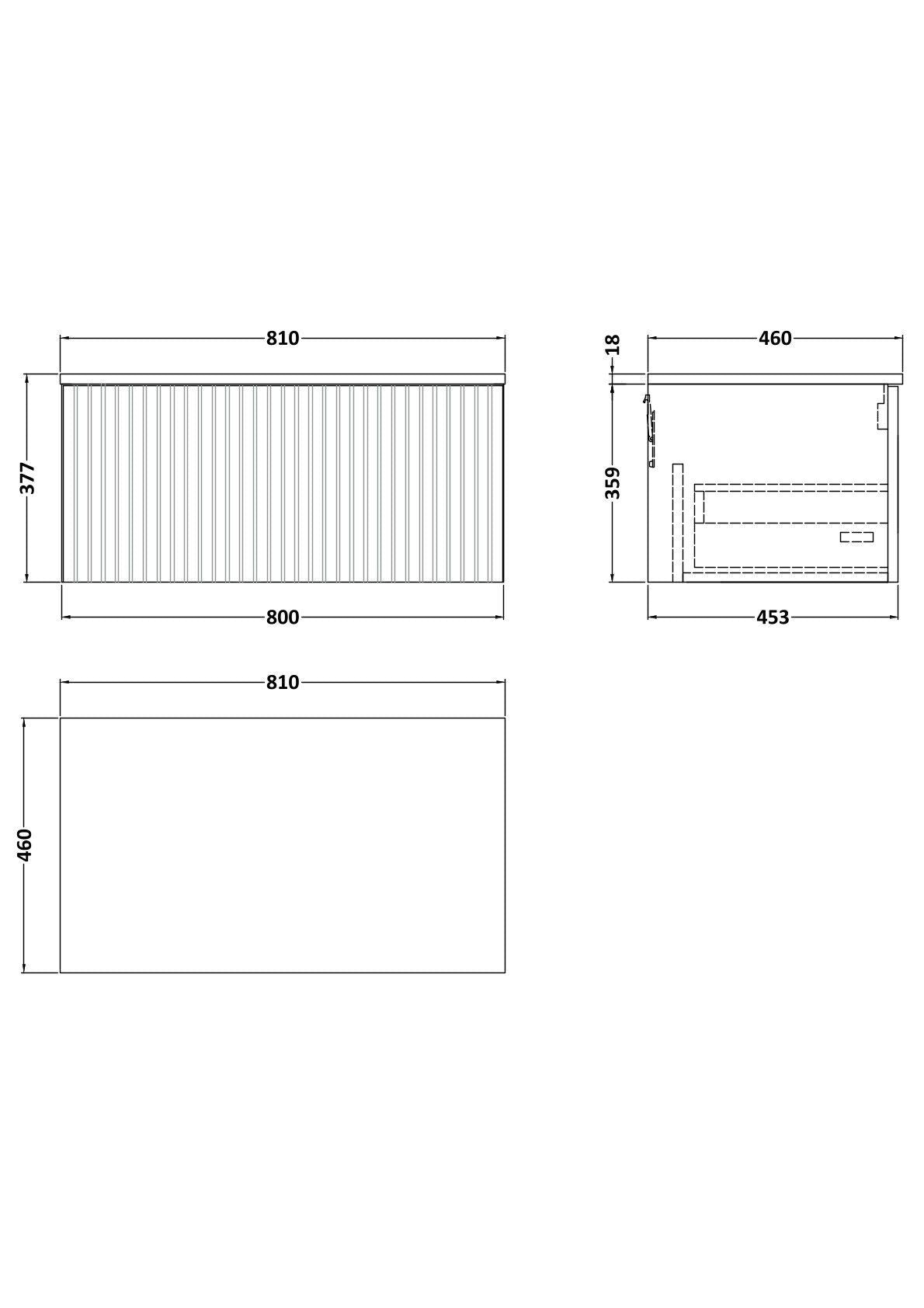 [BFLF3225GMT] Callingwood Contemporary Wall Hung 1 Drawer Vanity Unit with Grey Marble Worktop, Choice of Size and Colour - Line Drawing
