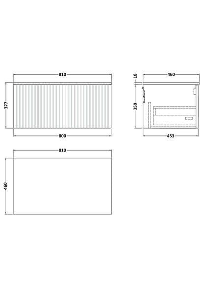 [BFLF3225GMT] Callingwood Contemporary Wall Hung 1 Drawer Vanity Unit with Grey Marble Worktop, Choice of Size and Colour - Line Drawing