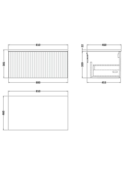 [BFLF3225LMP] Callingwood Contemporary Wall Hung 1 Drawer Vanity Unit with Marble Plaster Laminate Worktop, Choice of Size and Colour - Line Drawing