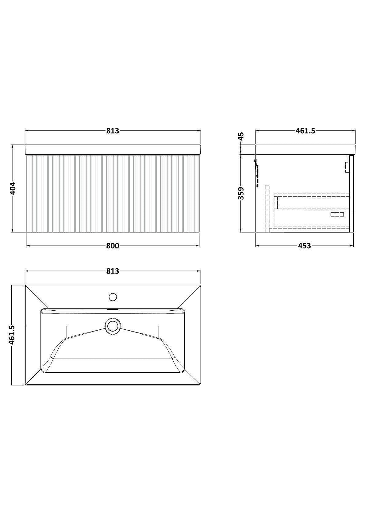 [BFLF3225L] Callingwood Contemporary Wall Hung 1 Drawer Vanity Unit with 1 Tap Hole Fireclay Basin, Choice of Size and Colour - Line Drawing