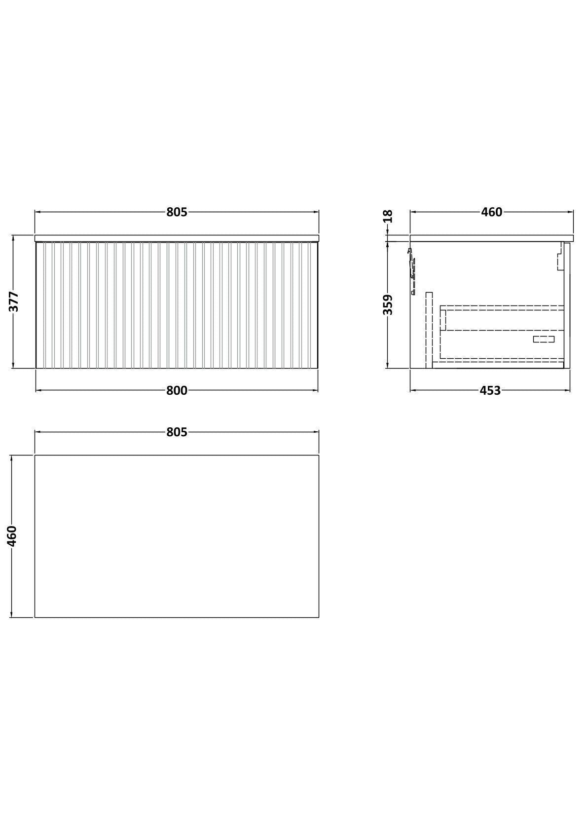 [BFLF3225W] Callingwood Contemporary Wall Hung 1 Drawer Vanity Unit with Laminate Worktop, Choice of Size and Colour - Line Drawing