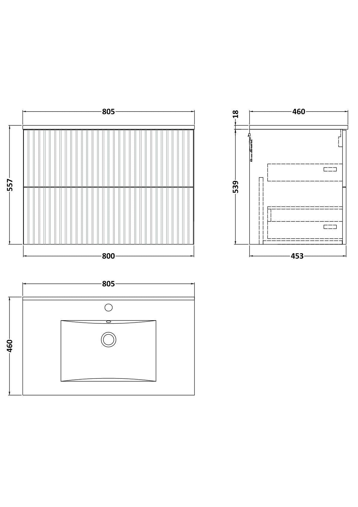 [BFLF3226C] Callingwood Contemporary Wall Hung 2 Drawer Vanity Unit with Minimalist Ceramic Basin, Choice of Size and Colour - Line Drawing