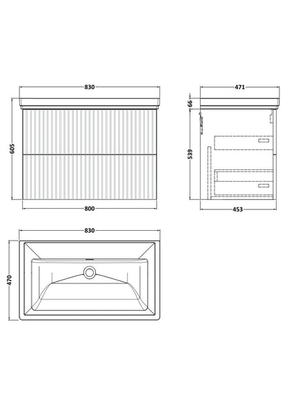 [BFLF3226H] Callingwood Contemporary Wall Hung 2 Drawer Vanity Unit with Traditional 0 Tap Hole Fireclay Basin, Choice of Size and Colour - Line Drawing