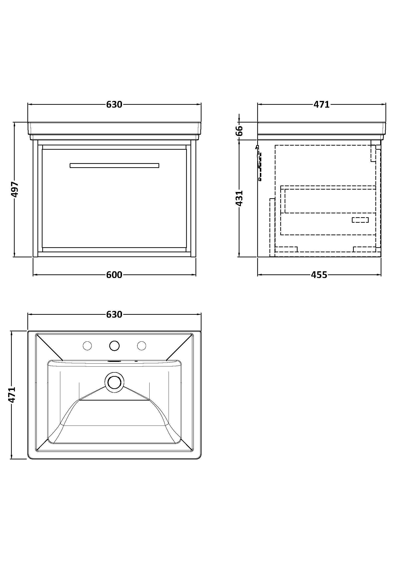 [BFLL2322B] Longnor Single Drawer Wall Hung Vanity Basin Unit with 3 Tap Hole Traditional Fireclay Basin, Choice of Size and Colour - Line Drawing