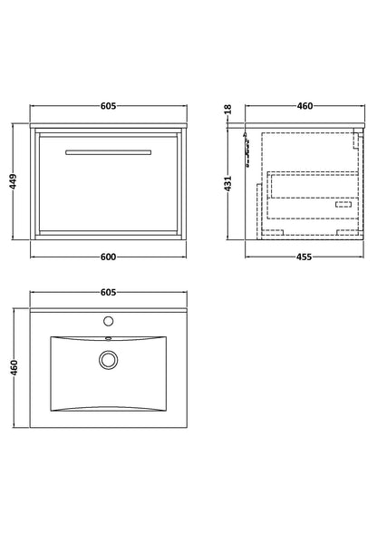 [BFLL2322C] Longnor Modern Bathroom Wall Hung Single Drawer Vanity Unit & Basin, Choice of Size and Colour - Technical Drawing