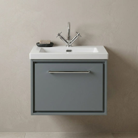 [BFLL2322L] Balterley Modern Bathroom 1 Soft-Close Drawer Wall Hung Vanity Unit Fireclay Basin, Coastal Grey, 600mm - Silo