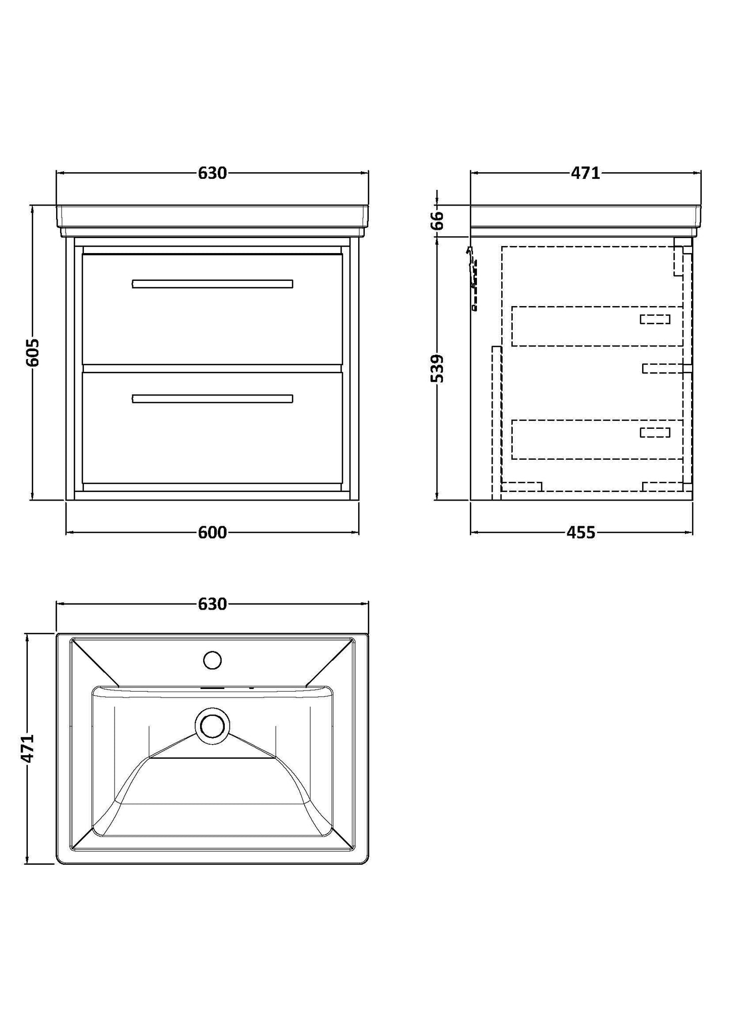 [BFLL2324A] Longnor 2 Drawer Wall Hung Vanity Basin Unit with 1 Tap Hole Traditional Fireclay Basin, Choice of Size and Colour - Line Drawing