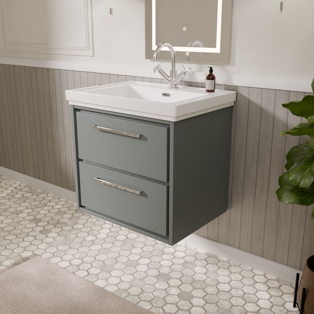 [BFLL2324A] Longnor 2 Drawer Wall Hung Vanity Basin Unit with 1 Tap Hole Traditional Fireclay Basin, Choice of Size and Colour - Lifestyle 3