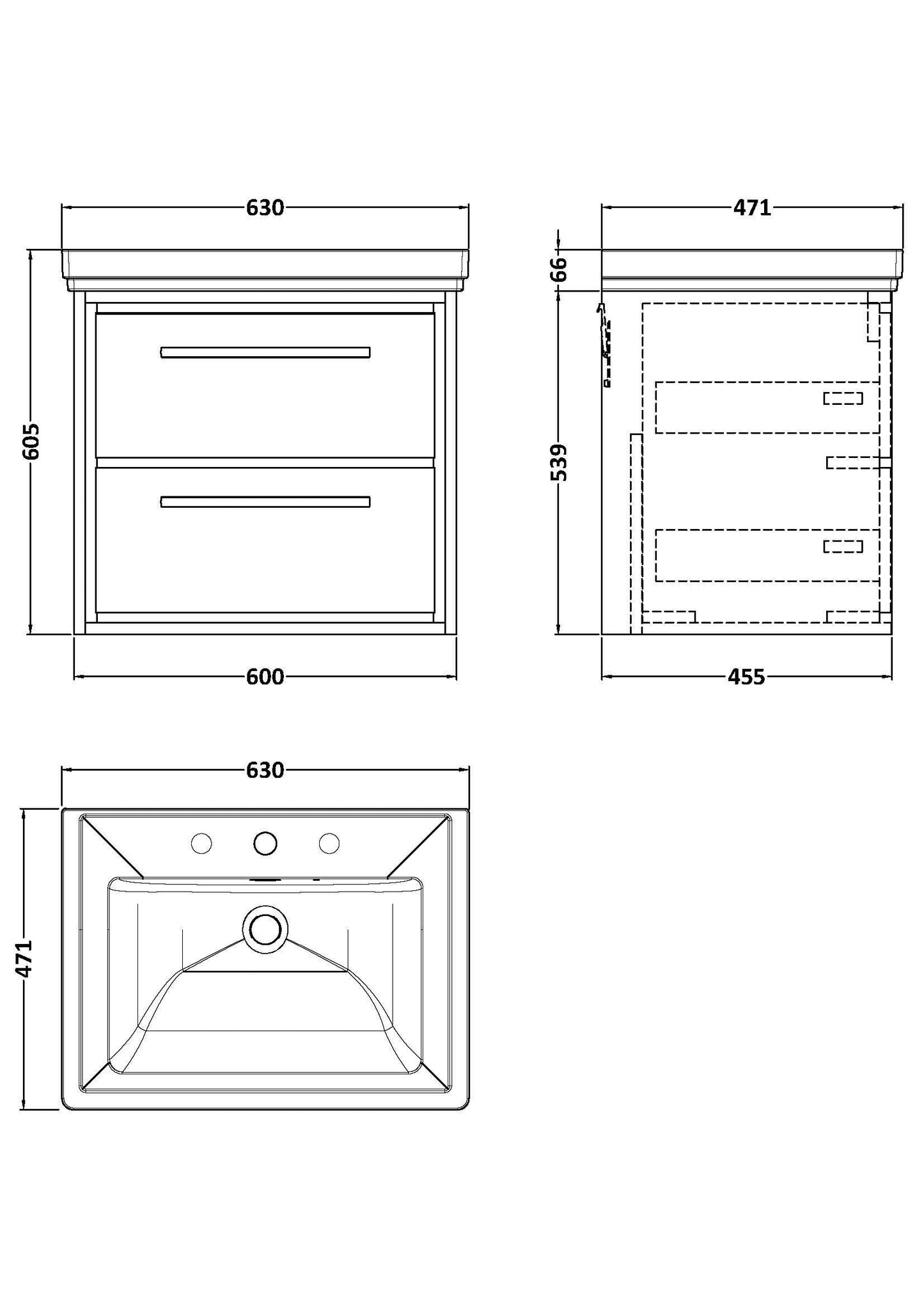 [BFLL2324B] Longnor 2 Drawer Wall Hung Vanity Basin Unit with 3 Tap Hole Traditional Fireclay Basin, Choice of Size and Colour - Line Drawing