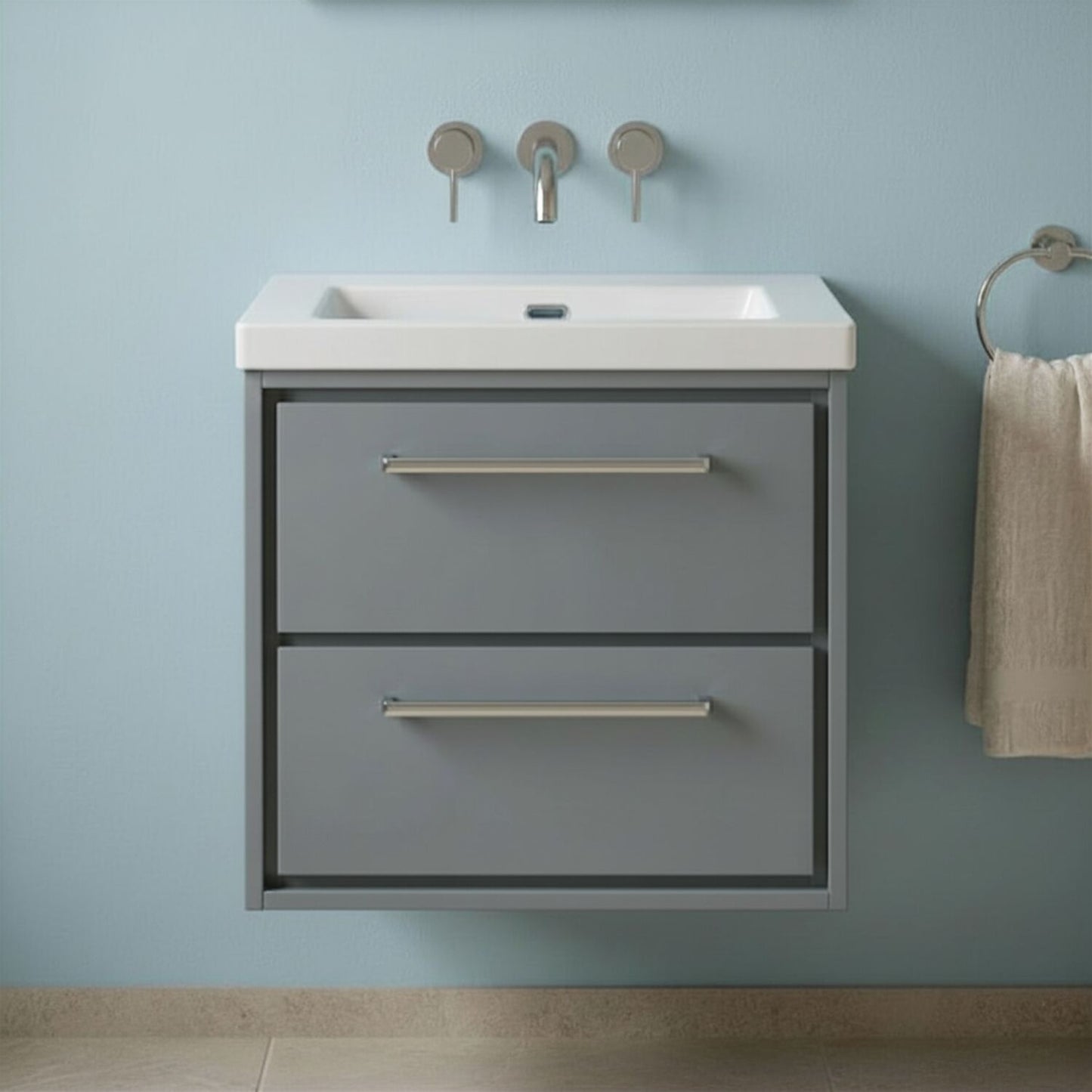 [BFLL2324K] Longnor Modern 2 Drawer Wall Hung Vanity Basin Unit with Modern Fireclay Sink, Choice of Size and Colour - Silo